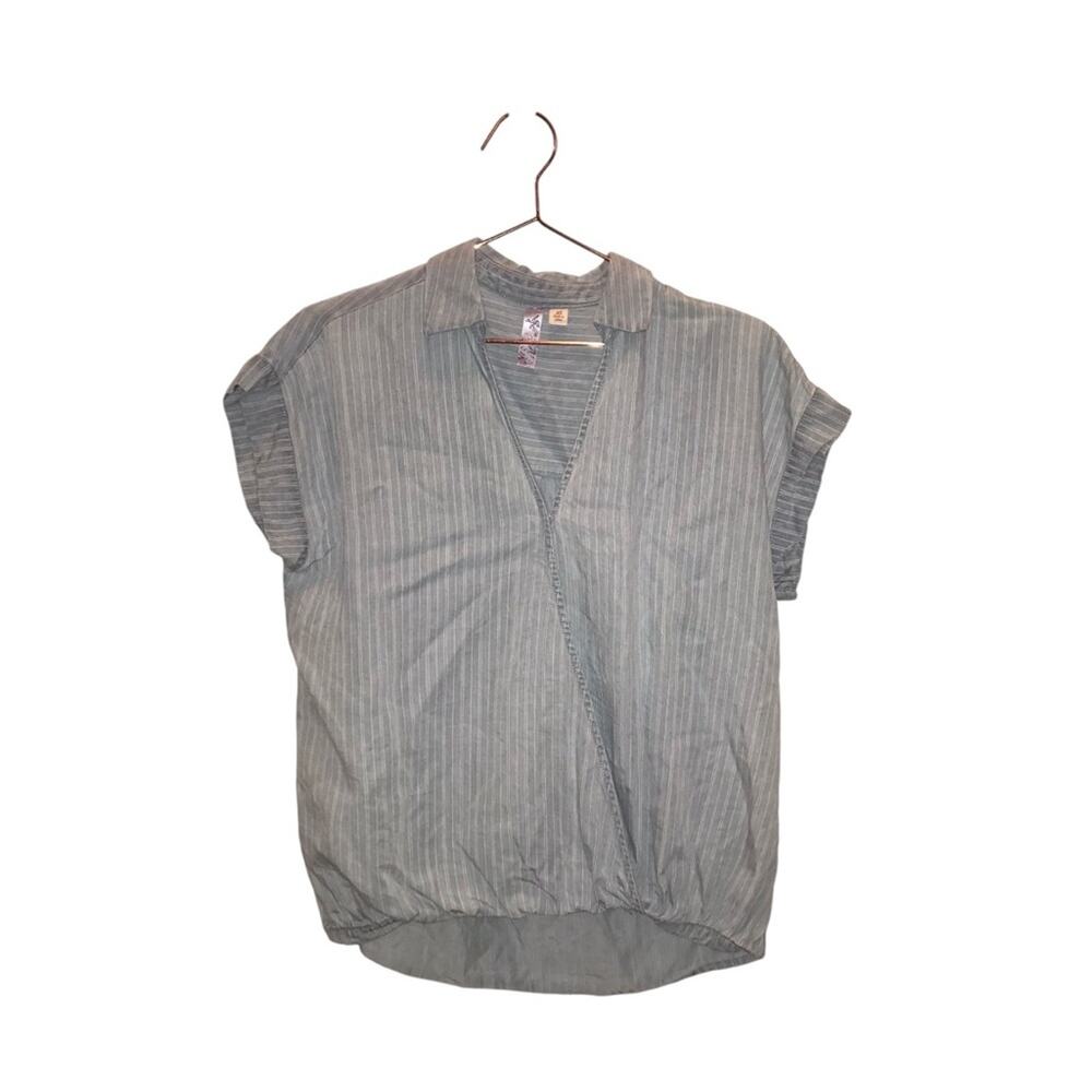 Alya Chambray Stripe High-Low Faux Wrap Blouse - XS